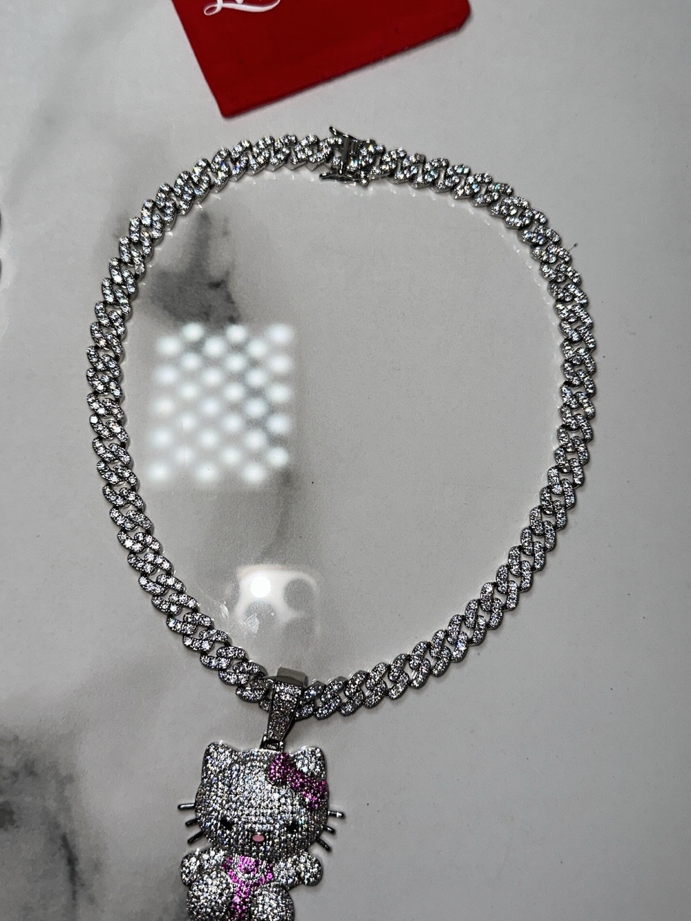 Hello Kitty Silver-Tone Crystal Pendant Cuban link Necklace 16inch  -
